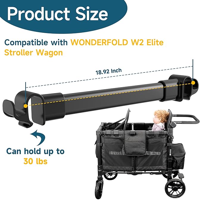 Forward-Facing Support Bar + 2-Pack Stroller Wagon Snack Tray with Spill-Proof Cup Holders - Wonderfold Accessories Compatible with WONDERFOLD W2 Elite/Luxe 2-Seater Wagons, Detachable & Easy Install