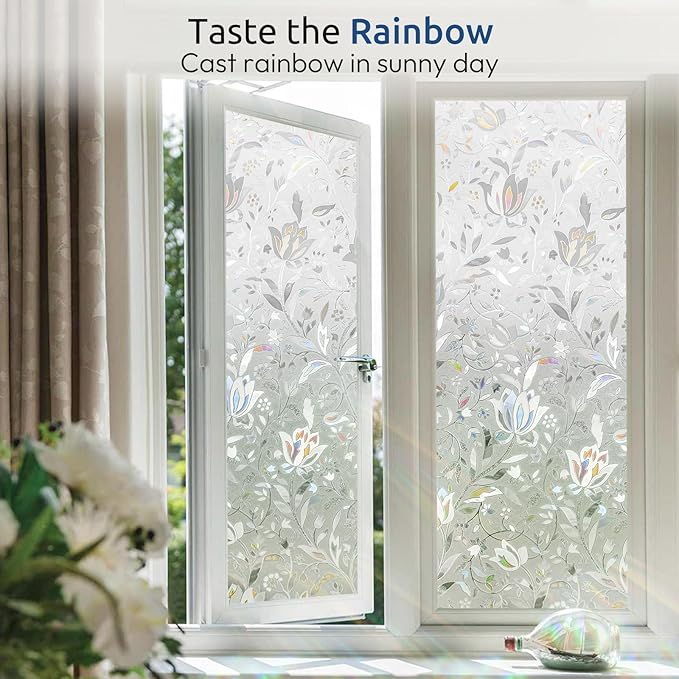 rabbitgoo Window Privacy Film, Decorative Stained Glass Window Film, Sun Blocking Glass Clings, Renter-Friendly Static Cling Frosted Sticker Covering for Home Door, Rainbow Tulip 17.5" x 157.4"
