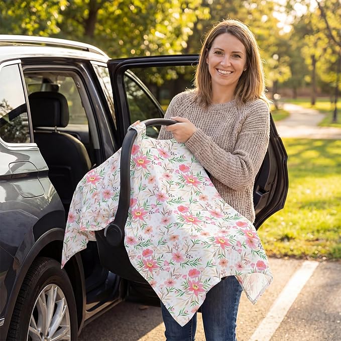 Baby Car Seat Cover - 100% Muslin Cotton Universal Breathable Canopies for Boys and Girls Soft Spring Summer Car Seat Cover Lightweight Infant Car Seat Canopy - Pink Floral