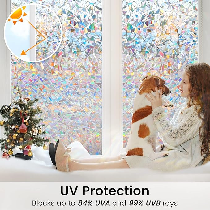 DOWELL Window Privacy Film, Rainbow Window Film, Decorative Stained Glass Clings, Static Cling Door Sticker, Non-Adhesive 3D Decals for Home UV Protection, 23.6 x 78.7 inches