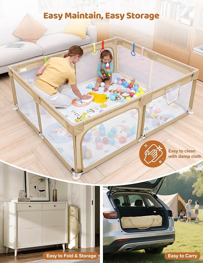 Dripex Baby Playpen with Mat, 71"x59" Play Pen for Toddlers 1-3 Years, Soft Breathable Visible Mesh, Indoor/Outdoor Portable Play Yard with Mat, Safe Baby Fence Play Area, Beige