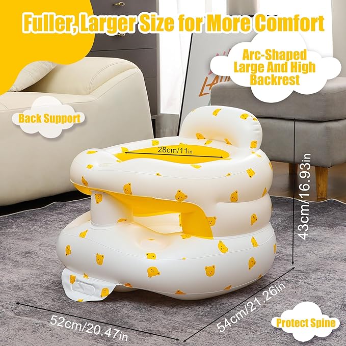 Upgraded Inflatable Baby Seat for Babies 3-36 Months, Inflatable Baby Chair Sit Me Up Floor Seat for Baby, Back Support Baby Seats for Infants for Sitting Up with Built in Air Pump (Yellow Bear)