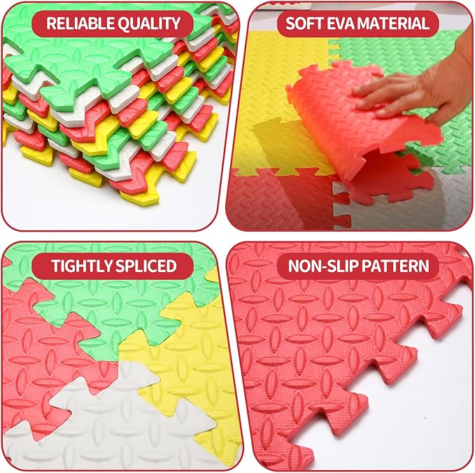 Coolcandy Baby Foam Play Mat 16Pcs with Edge Strips, 4 Colors Interlocking Floor Tiles, 0.4″ Thickened Non-Slip Puzzle Floor Mat for Infants Toddlers Playroom & Daycare