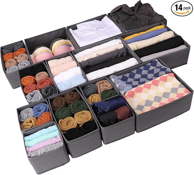 Foldable Dresser Drawer Organizers Clothes, Underwear Organizer Foldable Cloth Storage Box Drawer Divider Organizer Basket Bins for Underwear Socks, Bras, Underwear,14 Pack (Grey)