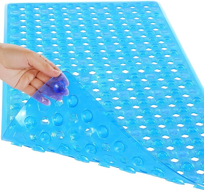 Yimobra Bath Tub Mat Non Slip, 34.5"x15.5" Long Shower Mat, Machine Washable Bathmat with Drain Holes and Suction Cups, Soft on Feet, Bathroom Essentials, Clear Blue