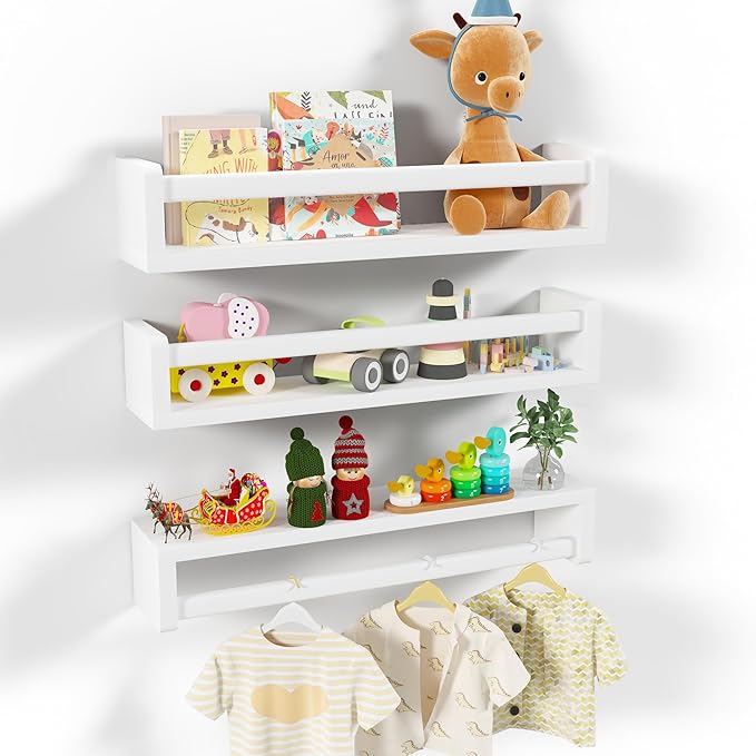 Heimlove Nursery Floating Shelves, Solid Wood Nursery Book Shelves for Wall, 24 inch Bookshelf for Kids, Wall Mounted Shelves for Books,Toys and Decor Storage, Set of 3 (White)