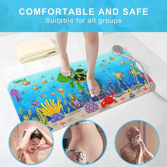 Upgrade Cartoon Baby Bath Mat Non Slip - 40"x16" Extra Long Bathtub Mat for Baby Eco Friendly Durable Bath Mat for Tub Non Slip Kids Tub Mat with Suction Cups, Machine Washable and No Fading, Turtle