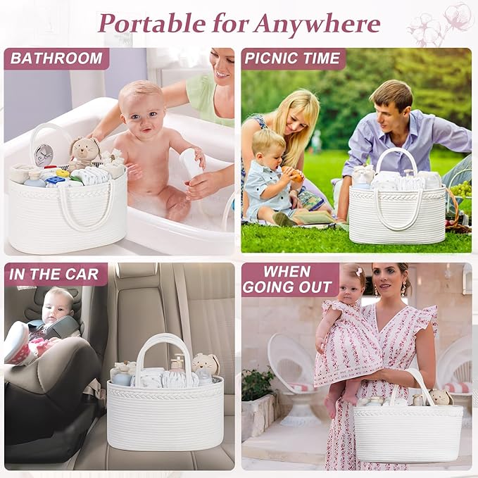 19L Baby Diaper Caddy Organizer, 16.8"x9.8"x9" Cotton Rope Diaper Basket, Changing Table Storage Caddy With Removable Divider, Baby Basket for Nursery, Car, Diapers, Baby Shower Gifts for Newborn