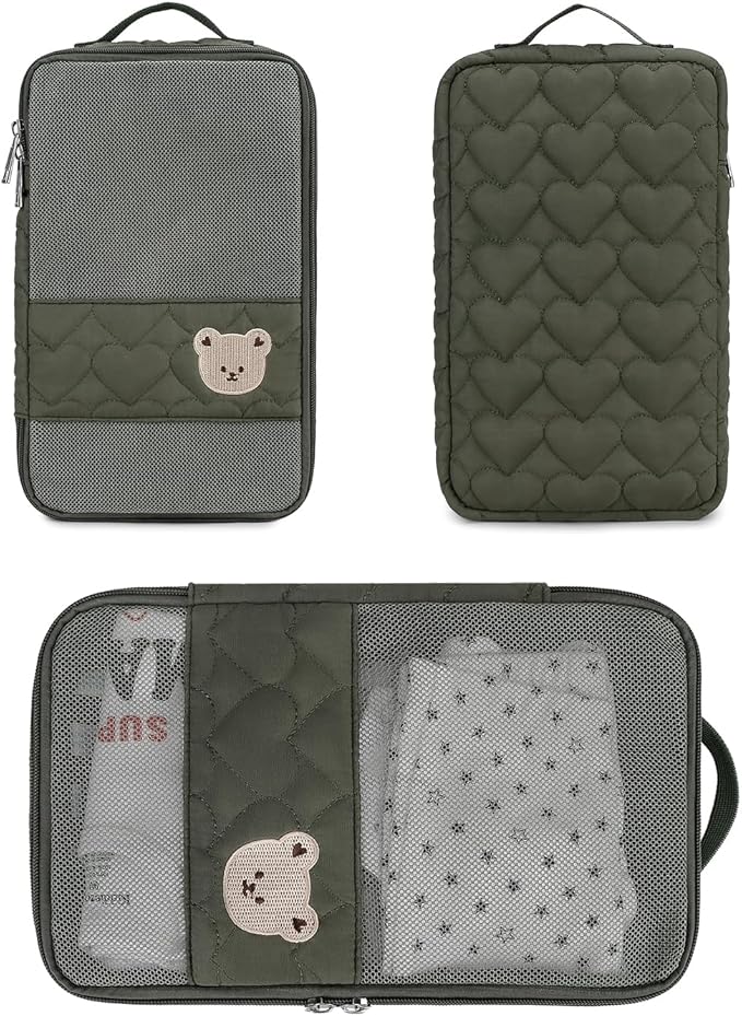 Baby Diaper Bag Organizer Pouches - 2 Pack Waterproof Pod Hanging Diaper Bag Cute Bear Mesh Bag Reusable, Washable or Baby Cloth Diapers (Green&Pink)