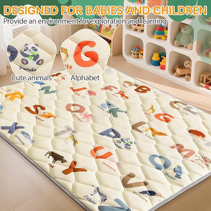 Baby Play Mat - 59x59 Thick Floor Mat for Baby - Crawling Mats for Babies 6-12 Months Non-Slip Washable Play Mat - Kids Foam Playmat Animals Alphabet Design