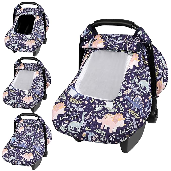 Pea Pod Car Seat Cover Baby, Infant Car Seat Canopy Covers for Newborn with 2 Layers Windows of Breathable Mesh Fabric, Lightweight Polyester/Soft Minky Dot Backing (Dinosaur)