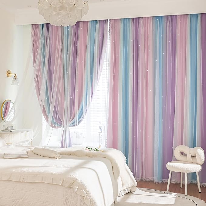 XiDi Girls Blackout Curtains 120 Inches Long for Bedroom, Room Darkening Grommet Window Ombre Curtains 2 Panel Sets, Kids Unicorn Princess Theme Decor Colorful Rainbow Design Pink Purple 42Wx120L