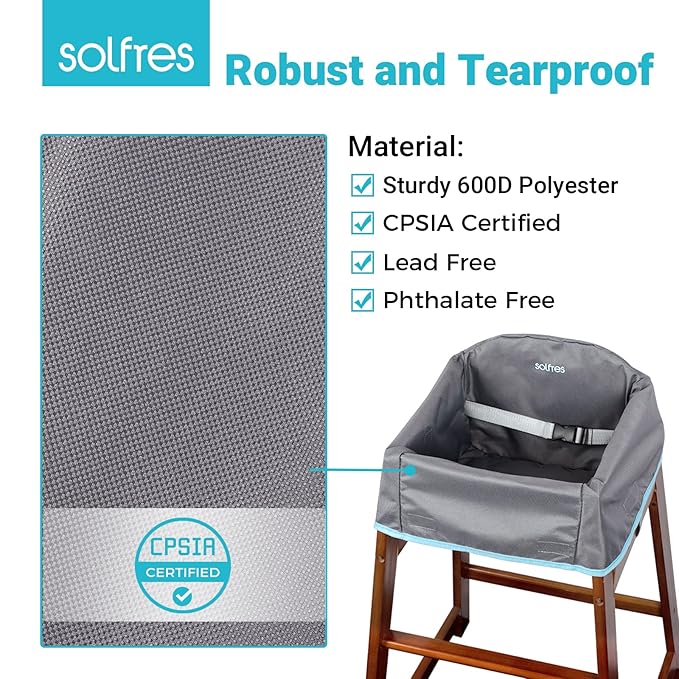 Dual-Belt Baby High Chair Cover, Upgrade Version, for Wooden or Restaurant High Chair, Sturdy and Robust Material, Waterproof Washable Stain and Slip Resistant, Gray