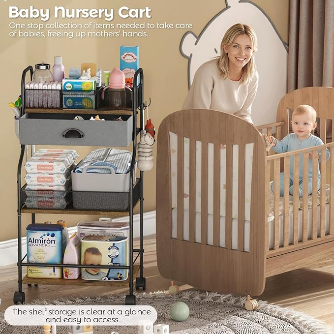 3-Tier Baby Diaper Caddy Cart Organizer with Drawer,Rolling Utility Cart & Bedside Nursery Essential Storage for Newborn Baby Stuff, 2+1 Divider, Baby Storage Organizer for Bedroom,Changing Table,Grib