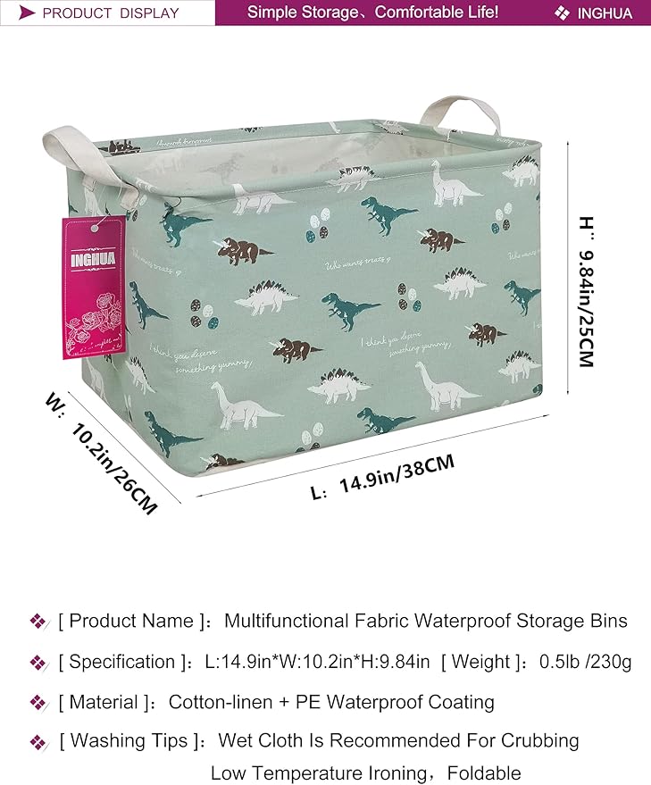 INGHUA Rectangular Storage Basket Fabric Organizer Bin for Toys,Books,Clothes,Gifts,Pets-Perfect for Home,Office,Nursery,Dorm,Shelf(Rec dinosaur)