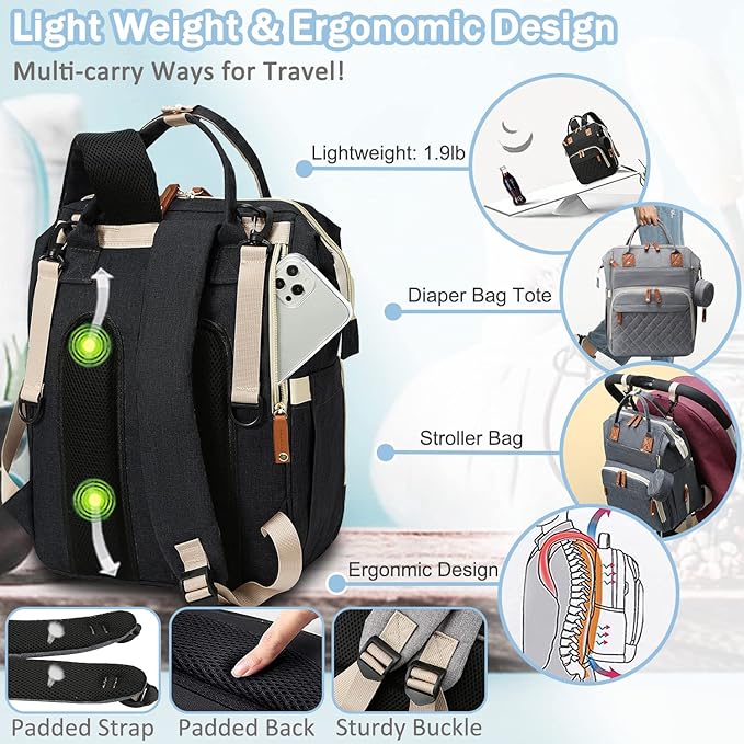 SHITIESHOU Diaper Bag Backpack Baby Bag, Baby Girl Boy Diaper Bag for Dad Mom with Pad, 16 Pockets, Pacifier Case, Large Diaper Bags Unisex for Travel (Black)
