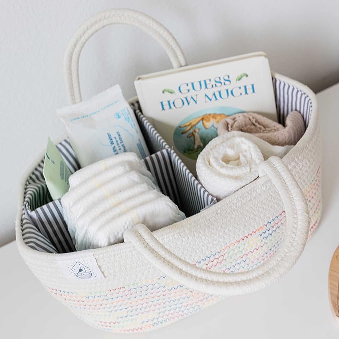 OrganiHaus Nursery Storage Basket, Cotton Rope Toy & Diaper Caddy Organizer with Handles, Baby Diaper Organizer, Foldable Design, Machine Washable, Ideal for Baby Room & Laundry - Stitches Rainbow