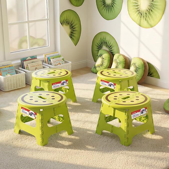 ACSTEP Folding Step Stool 9 Inch, Sturdy Collapsible Step Stool Foldable Up to 265 lbs for Kids Toddlers & Adults, Non Slip Foot Stools with Handle for Kitchen, Bathroom, Bedroom, Outdoor, Kiwi Green