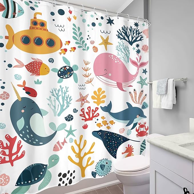Kids Shower Curtain Ocean Cute Cartoon Whale Funny Kid Bathroom Set Underwater Coastal Submarine Fish Animal Nursery Baby Boys Girls Children 72Wx72H Bath Curtain Fabric Polyester 12 Pack Hooks