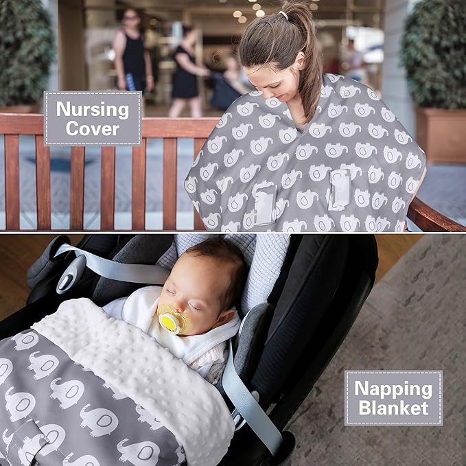 Rquite Car Seat Cover Baby, Carseat Covers for Boy Girl, Minky Infant Car Seat Cover Winter, Peekaboo Opening Car Seat Canopy, Multiuse Baby Carrier, Stroller, Nursing Cover, Minky Blanket, Elephant