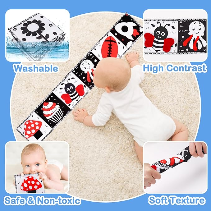 Black and White High Contrast Toys for Baby 0-3 3-6 months Infant Tummy Time Soft Book Sensory Musical Toy 0-2-4-6 month Babies Brain Development Crinkle Book Mirror Newborn Easter Basket Stuffer