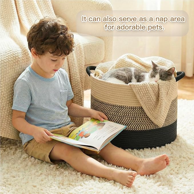Artfeel 70L Large Cotton Rope Basket, Decorative Woven Blanket Storage for Living Room, Boho Toy Storage & Toy Box for Kids, Versatile Laundry Basket & Nursery Hamper for Blankets(BlackBrown)