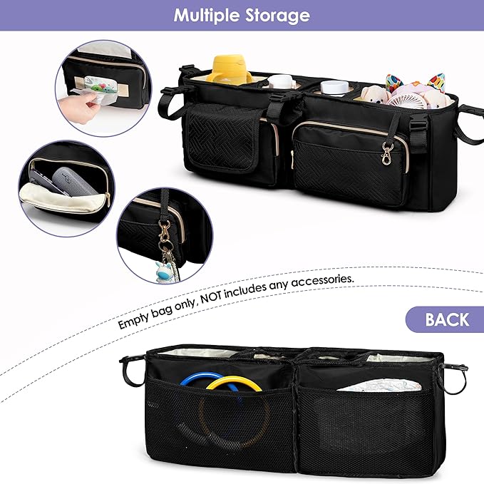 Double Stroller Organizer Compabitle with BOB Duallie and Baby Jogger City Mini GT2 Double Stroller, Double Parent Stroller Caddy Organizer with Cup Holder and Cooler Bag, Black(Empty Bag)