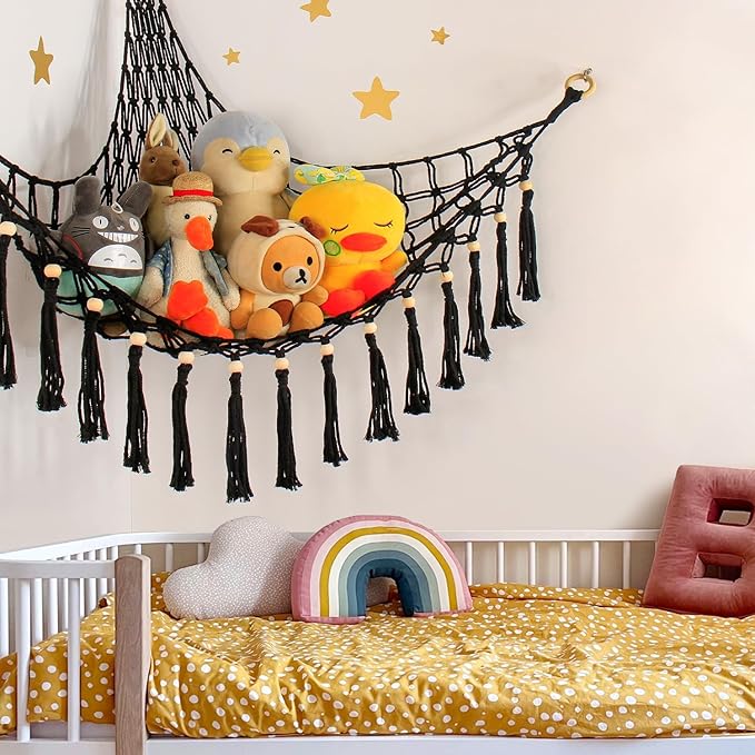 Stuffed Animal Hammock Corner Storage - Toy Hammock Net Organizer with LED Light - Tedddy Hammocks Plushie Net Holder - Black Wall Decor for Boy Living Room Bedroom