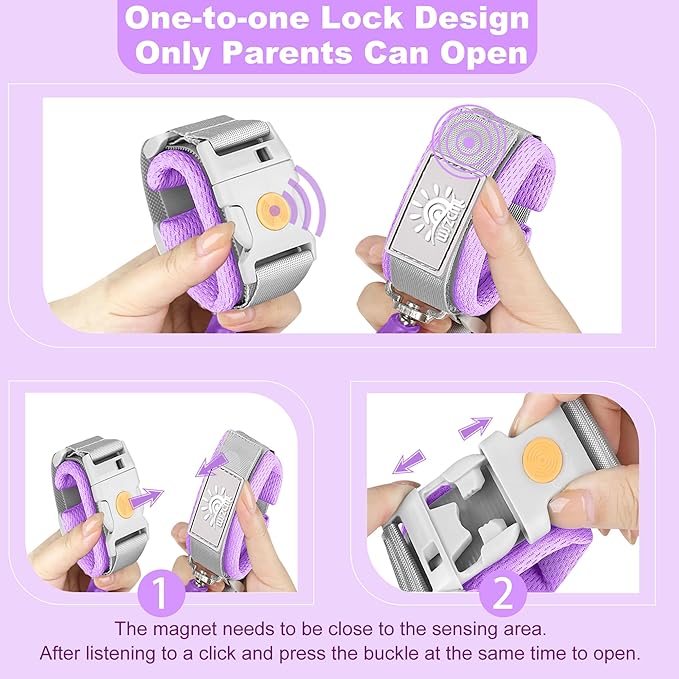 Anti Lost Wrist Link,Toddler Harness Walking Leash with Induction Lock,Reflective Child Wrist Leashes for Baby,6.56ft Kids Leash for Supermarket Mall Airport Amusement Park Zoo Travel（Purple）