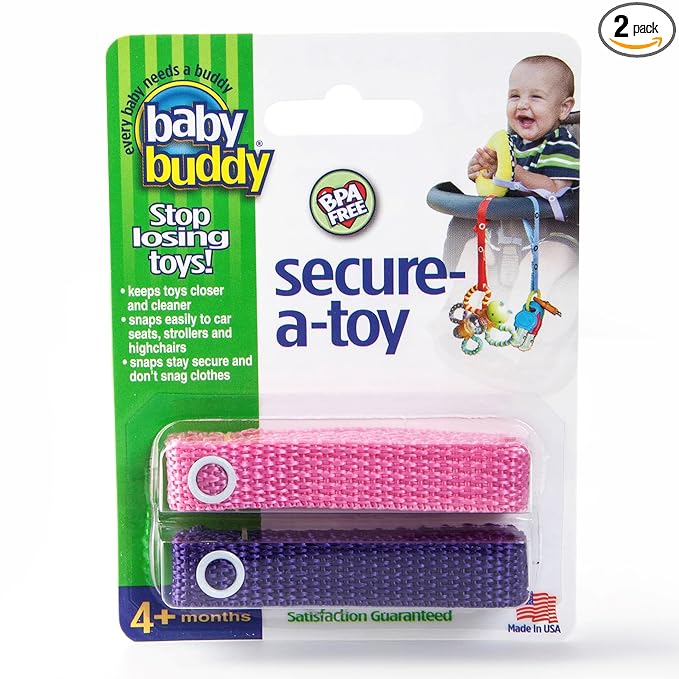Baby Buddy Secure-A-Toy, Safety Strap Secures Toys, Teether, or Pacifiers to Strollers, Highchairs, Car Seats, Adjustable Length to Keep Toys Sanitary Clean, Registry Must Haves, Pink-Purple, 2 Count