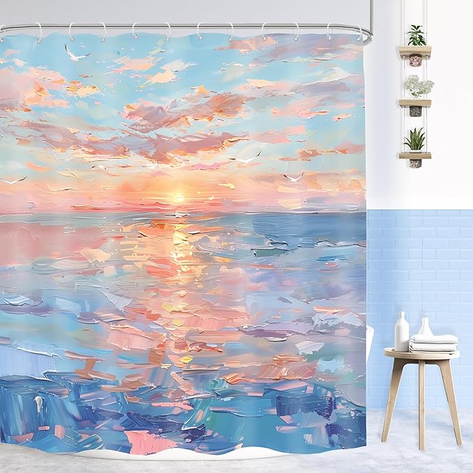 Beach Shower Curtain Ocean Beachy Abstract Blue Coastal Sunset Modern Sea Summer Nature Landscape Hawaii Seashore 60Wx72H Bathroom Decor Oil Painting Bath Curtain Fabric Polyester 12 Pack Hook