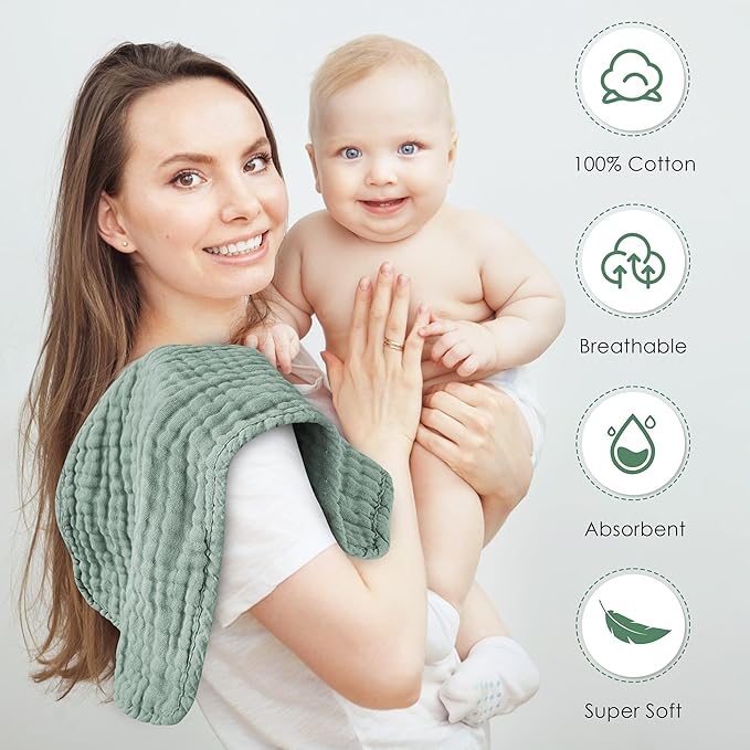 Spotted Play Muslin Burp Cloths 100% Cotton Large 20''x10'' Extra Soft and Absorbent Baby Wash Cloths Spit Up Rags - Baby Burping Cloth for Boys Girls Items(24 Pack Green)