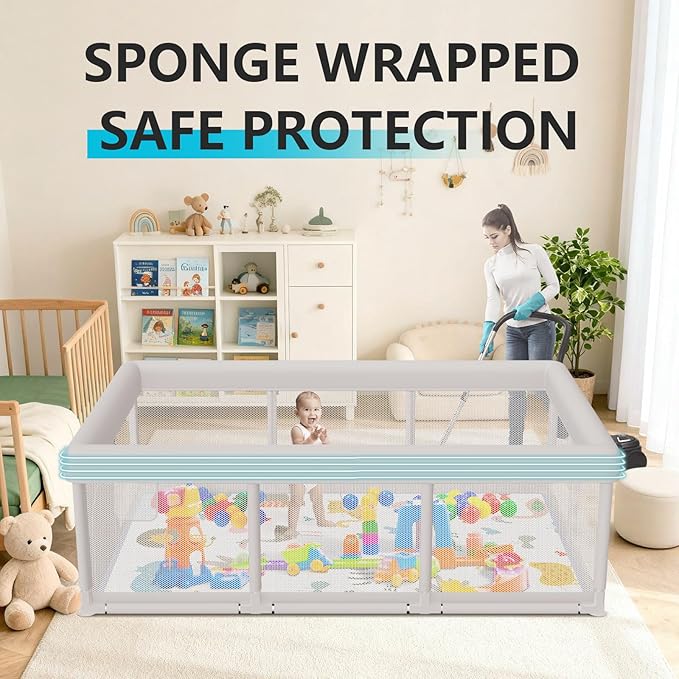 Hiaksedt Baby Playpen 74x50 in PlayPen for Babies and Toddlers, Large Play Yards for Indoor & Outdoor with Zipper Gates, Breathable Mesh with Mat