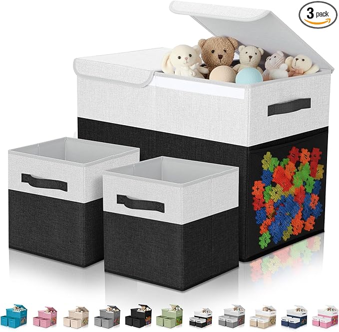 Fiwochic 3 Pack 23" Large Toy Storage Box with 11" Cubes Bins, Collapsible Toy Organizer Chest with Lids for Kids Nursery Playroom Bedroom Living Room Christmas Ornament Storage Box(Black White)