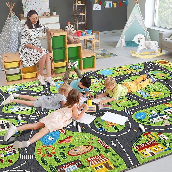 Kids Car Play Rugs - 6x9ft Learning and Fun City Road Map Play Mat for Playing with Cars Trucks, Non-Slip Large Playmat for Nursery, Playroom Bedroom and Classroom, Machine Washable