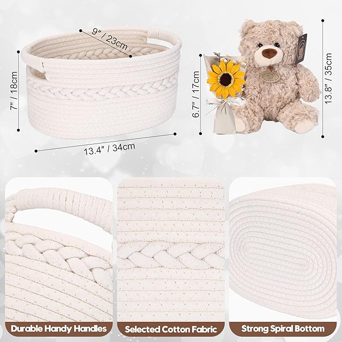 Sea Team Woven Cotton Rope Gift Basket with Gift Bags & Ribbons, Optional Stuffed Bear & Sunflower, Baby Shower Present, Pet Gift or Nursery Storage Bin, 13.4 x 9.1 x 7.1 Inches, White