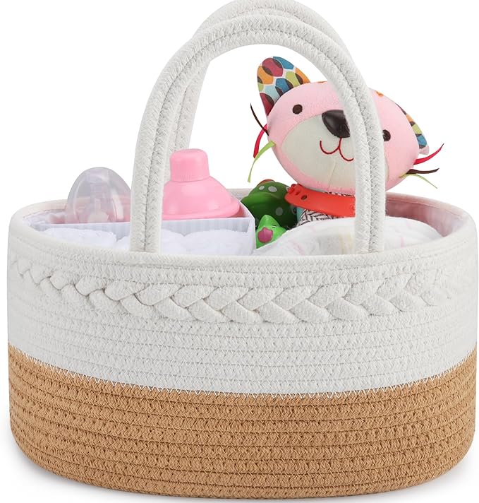 ABenkle Diaper Caddy Organizer, Boho Rustic Cotton Rope Nursery Baby Basket, Changing Table Organizer for Baby Diaper Storage and Baby Shower