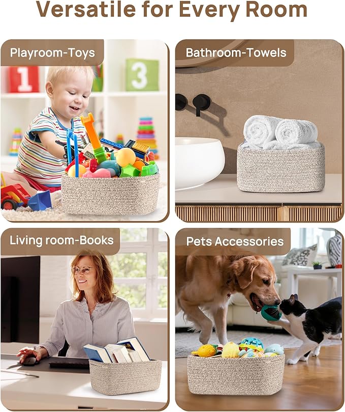 Feagar Storage Basket - Shelf Baskets for Organizing, Woven Cotton Rope Baskets for Gifts Empty with Handles, 13 x 8.7 x 5.1'' Small Toy Basket for Closet, Shelves, Bathroom, Home, 3 Packs Brown