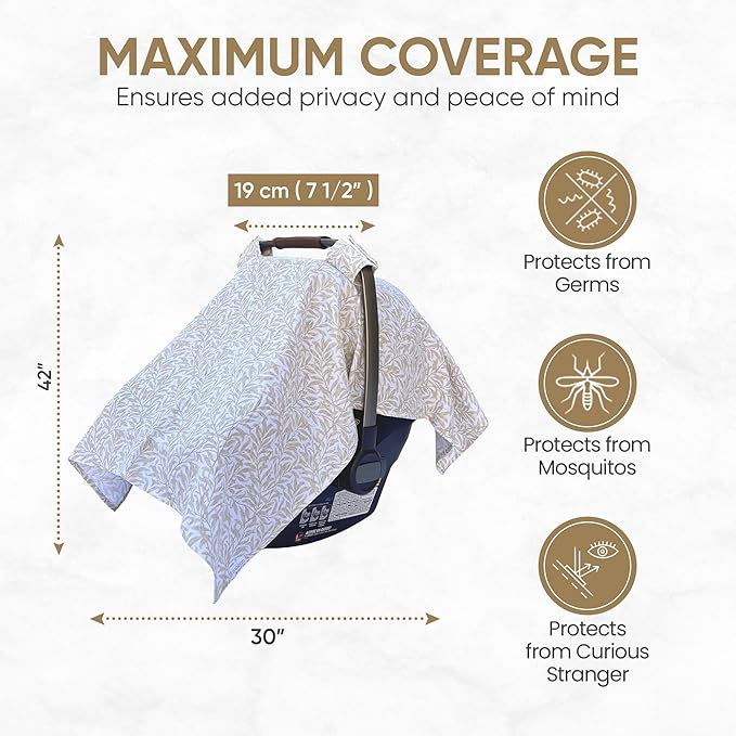MOZAH Baby Car Seat Cover - Beige Leaves - 100% Organic Muslin - Soft, Breathable and Lightweight, Baby Infant Car Seat Essentials