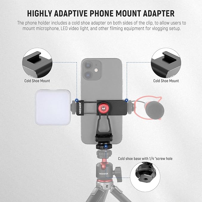 NEEWER Metal Phone Tripod Mount with Cold Shoe Mounts, Freely Adjustable Joints Universal Phone Holder Compatible with iPhone 15 Pro Max Samsung Galaxy Google Pixel Canon Nikon Sony Camera Cage, PA001
