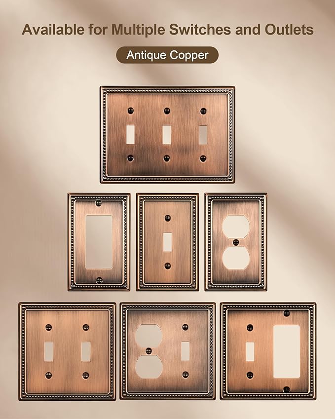 6-Pack Decorator Outlet Cover Plate, Decorative Switch Plates and Outlet Covers, Antique Copper Metal Wall Plates for Electrical Outlets, Receptacle, GFCI Outlet, Dimmer Switch
