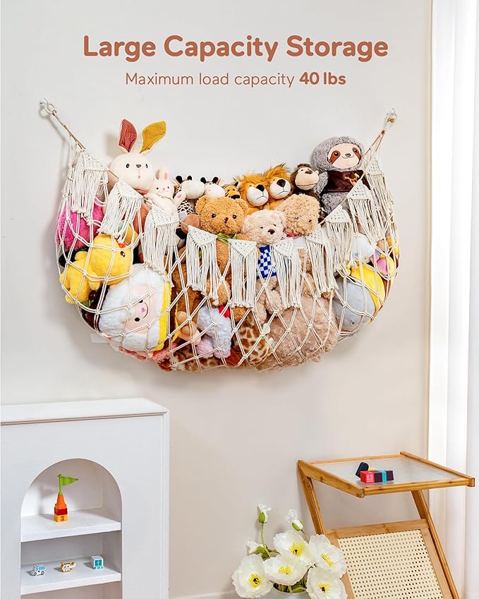 Boho Macrame Stuffed Animal Hammock with LED Lights – Large Wall Hanging Plushie Net, Corner Toy Organizer for Kids Bedroom, Nursery, Playroom & Dorm (White XXL)