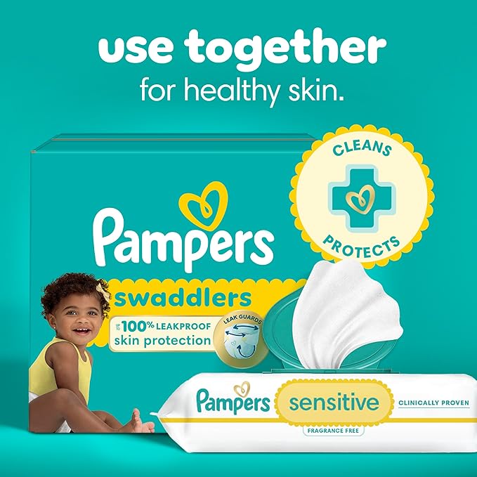 Pampers Sensitive Baby Wipes, Water Based, Clinically Proven, Hypoallergenic, and Unscented for Babies, 1008 Wipes Total (12 Flip-Top Packs) [Packaging May Vary]