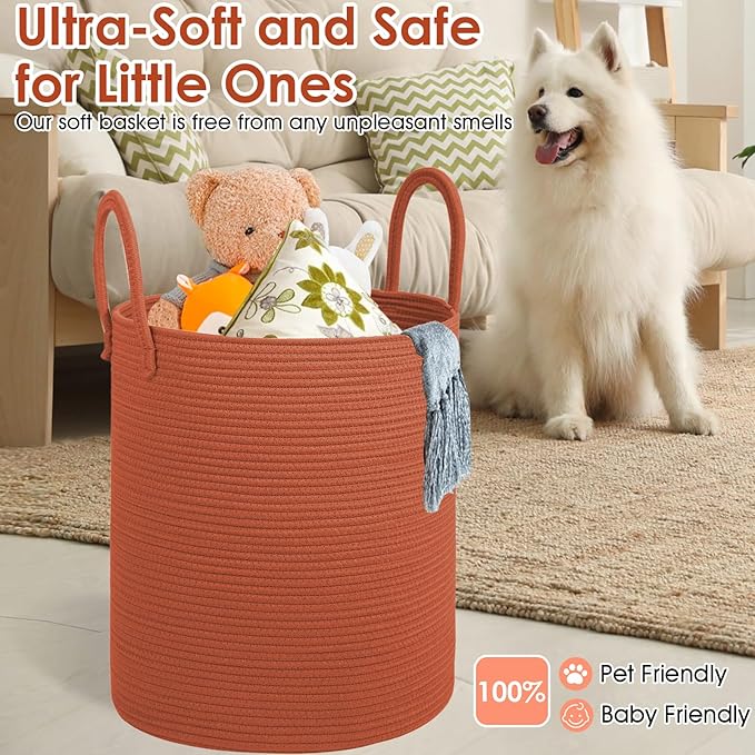 Cotton Rope Laundry Basket, Large Capacity Storage Bin with Handles, Large Blanket Basket for Living Room, Ribbed Texture (Brick Red, XX Large 100L)