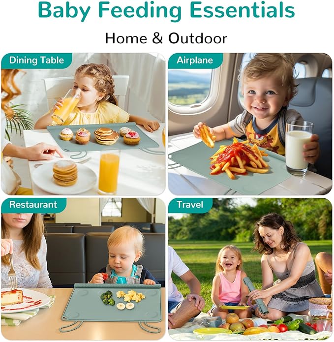 DZDOV Silicone Placemat for Toddler Eating: Wipe Clean & Roll Up in The Diaper Bag - Table Mat for Restaurant/Travel/On-The-Go