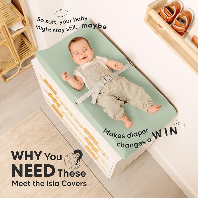 2-Pack Baby Changing Pad Cover for Girl, Boy - 34x18 Soft Viscose Derived from Bamboo Baby Diaper Changing Table Pad Cover Sheets, Neutral, Snug Fit Nursery Diaper Change Sheets (Sage)