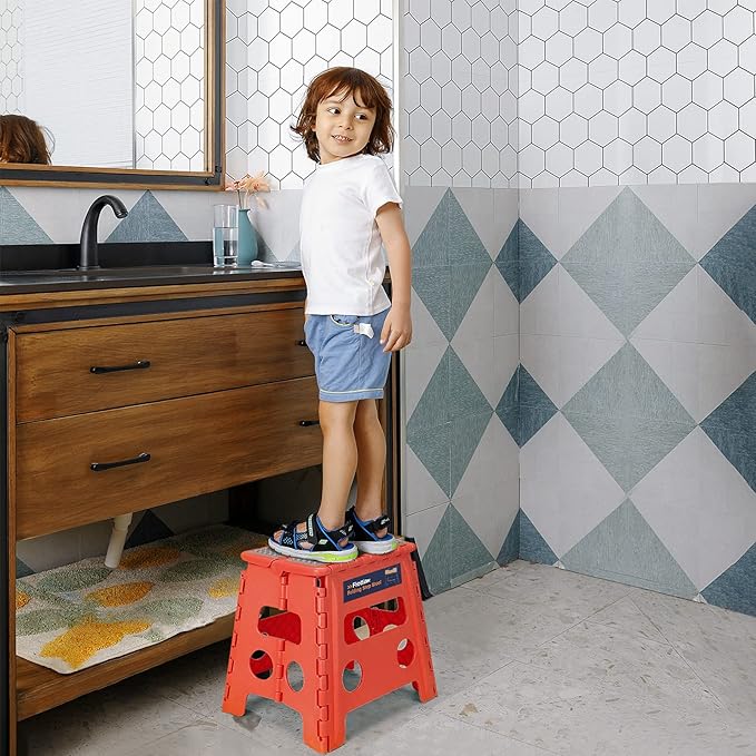 Flottian 13" Folding Step Stool for Adults and Kids Holds Up to 300 lbs,Non-Slip Folding Stools with Handle, Compact Plastic Foldable Step Stool for Bathroom,Bedroom, Kitchen Coral,1PC