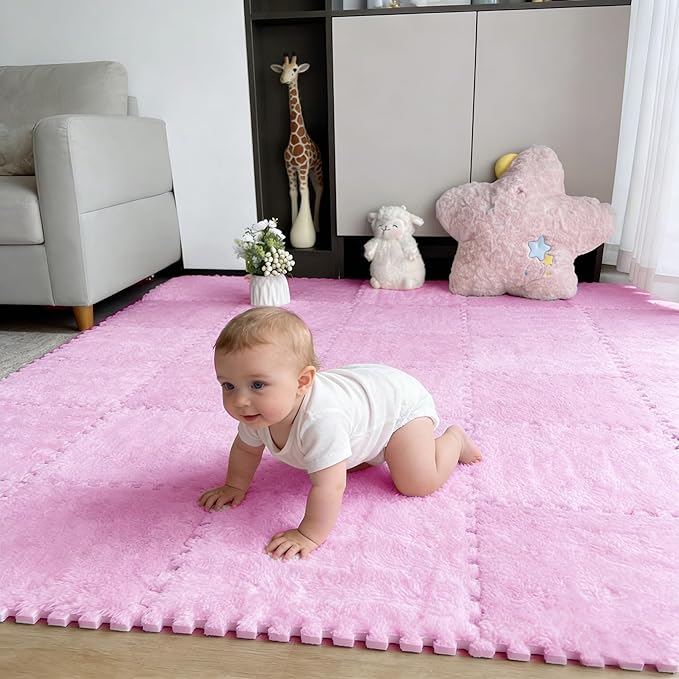 16pcs 0.6" Thickened Interlocking Tile Mats,Fluffy Shaggy Soft EVA Foam Area Rug for Living Room & Bedroom,Non-Slip Protective Floor Carpet Play Mat Kids Baby Dorm Home Decor (11.8ft, Pink)