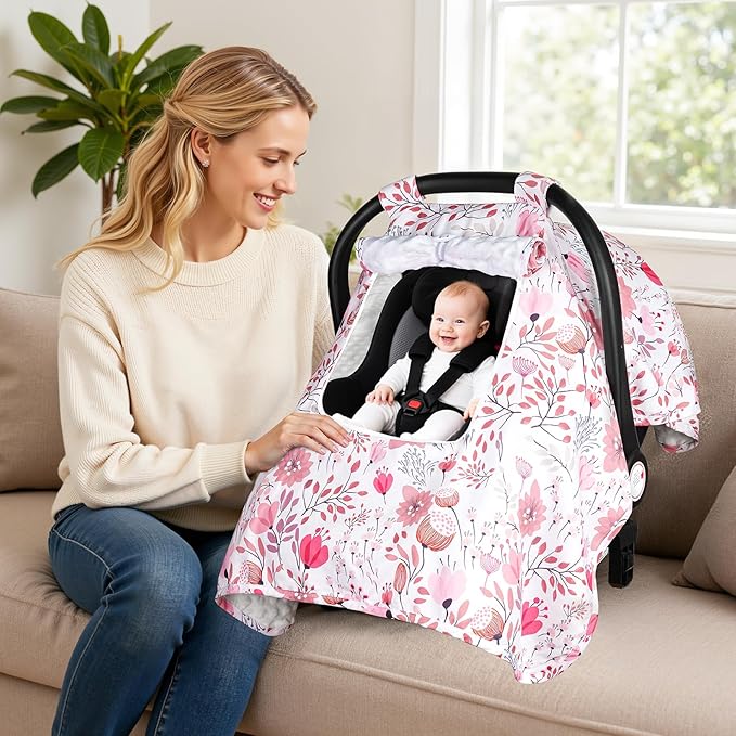 Car Seat Cover Baby, Carseat Covers Baby with 2 Layers Breathable Zipper Windows, Windproof Infant Car Seat Cover, Kick-Proof Baby Carrier Cover for Baby Girl Newborn Essentials