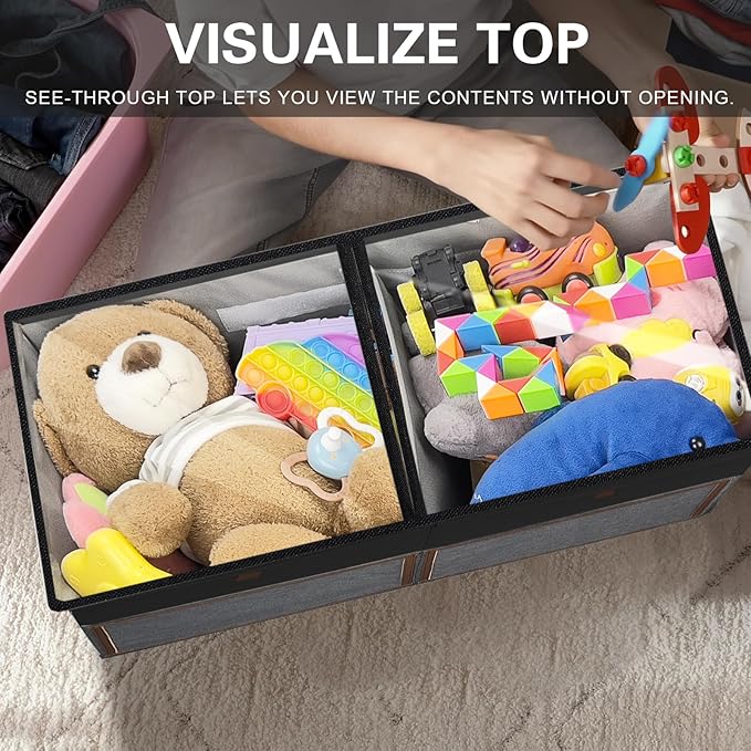 HISULIV 2 Pack Large Toy Storage Box with Clear Lids Collapsible Toys Chest Organizer Bin Basket with Adjustable Dividers for Kids Boys Girls Living Room Nursery Playroom Closet Black and Grey